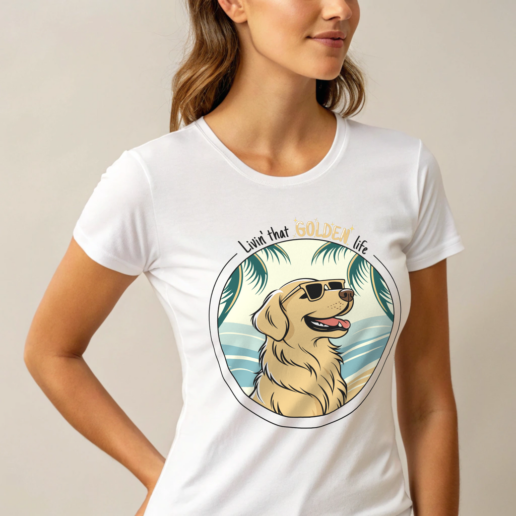Golden Retriever T-Shirt – “Livin’ That GOLDEN Life” Beach Tee for Dog Lovers