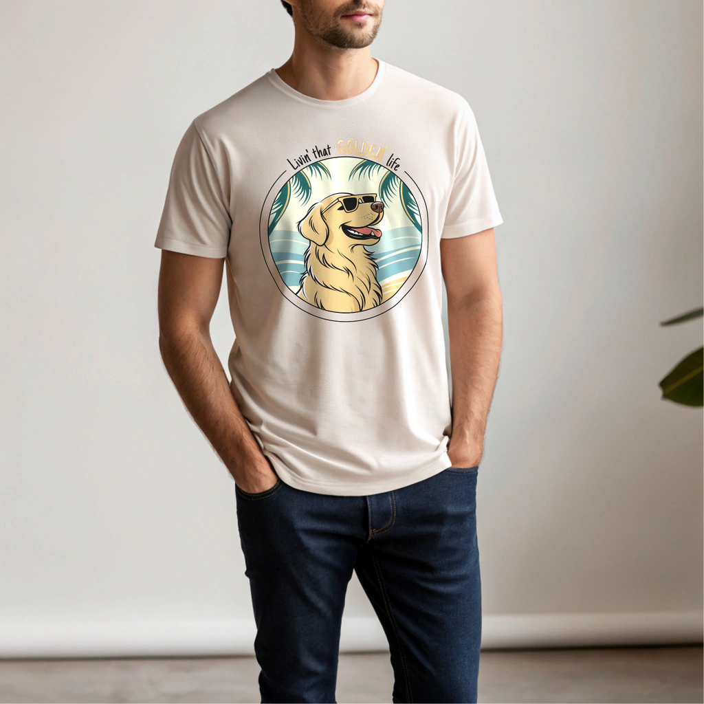 Golden Retriever T-Shirt – “Livin’ That GOLDEN Life” Beach Tee for Dog Lovers