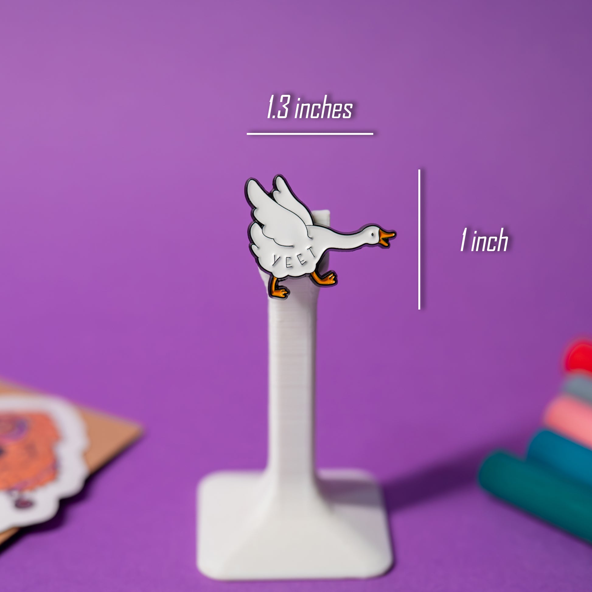 Yeet Goose enamel pin with size reference, part of Untitled Goose pin series.
