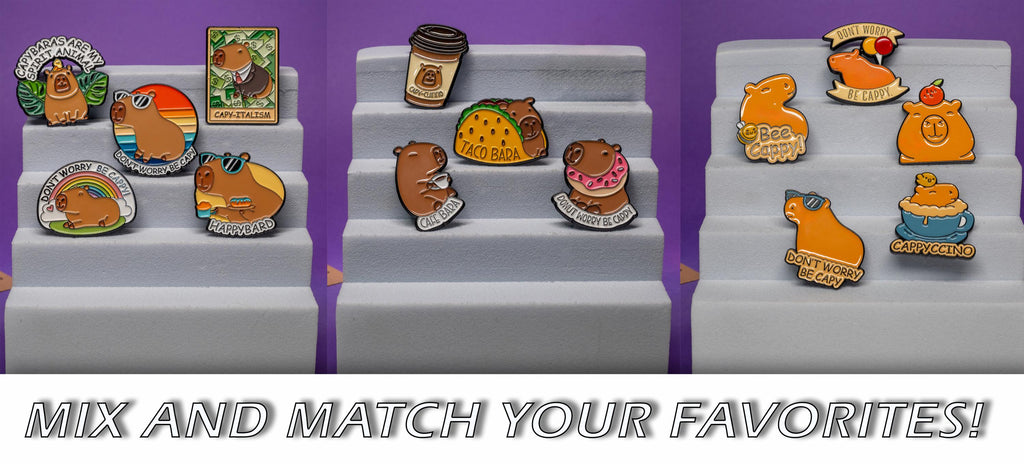 Image showcasing three different sets of capybara enamel pins with the text Mix and Match Your Favorites! encouraging customers to customize their collections.