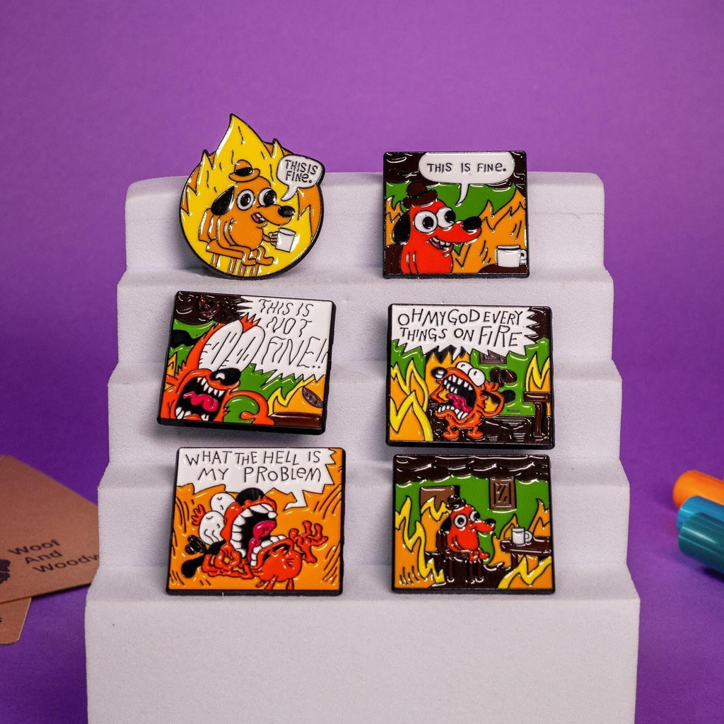Enamel pin featuring the iconic This Is Fine burning dog meme, perfect for fans of internet humor.