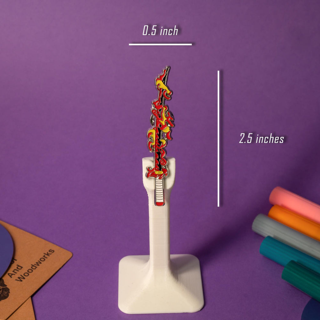 Flame Breathing sword enamel pin inspired by Demon Slayer, showcasing fiery colors and sharp details.