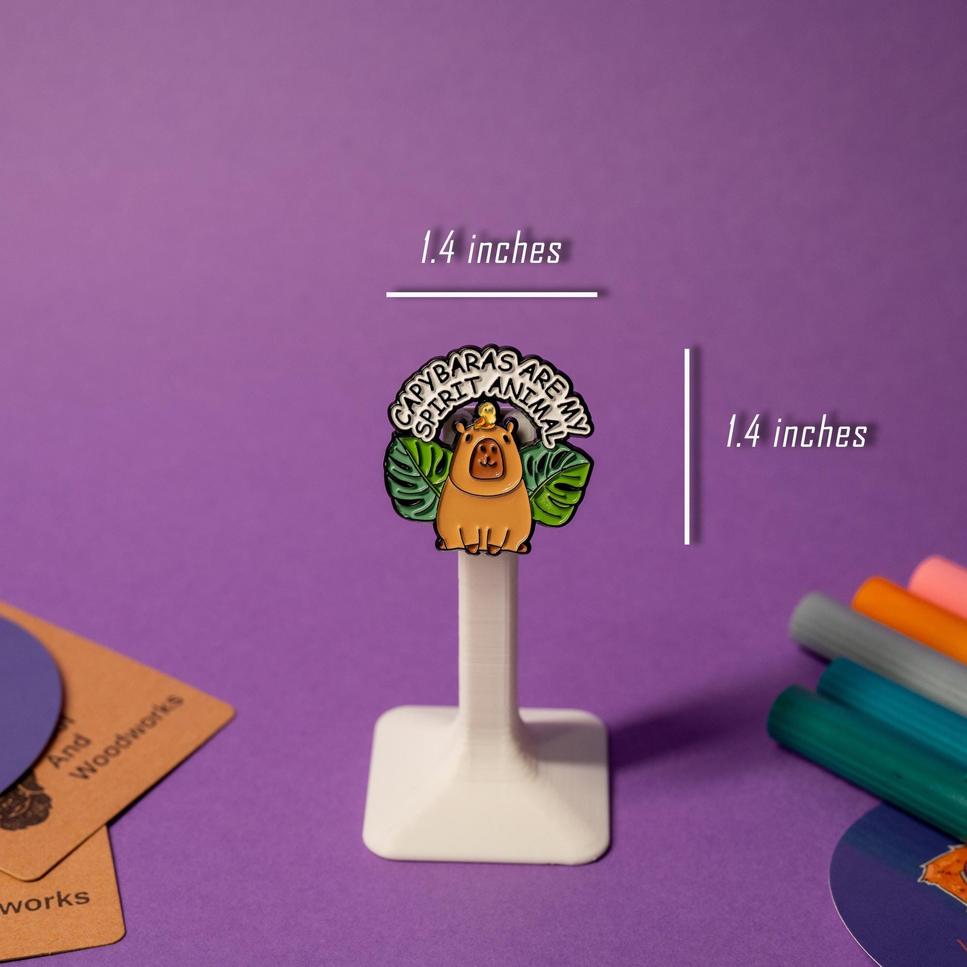 Enamel pin featuring a capybara with the text Capybaras Are My Animal Spirit.