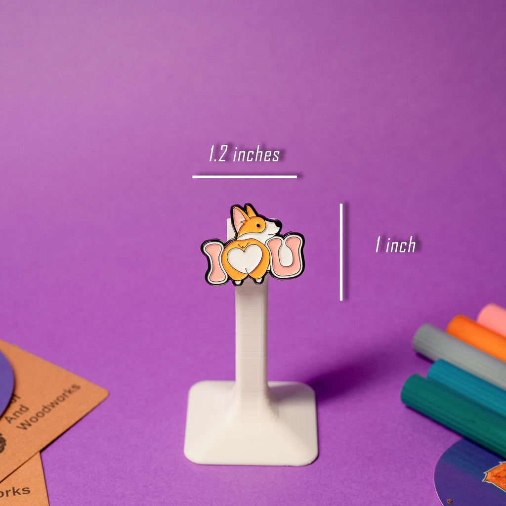 Corgi butt enamel pin with the cute text I Love (Heart) U, perfect for expressing love.