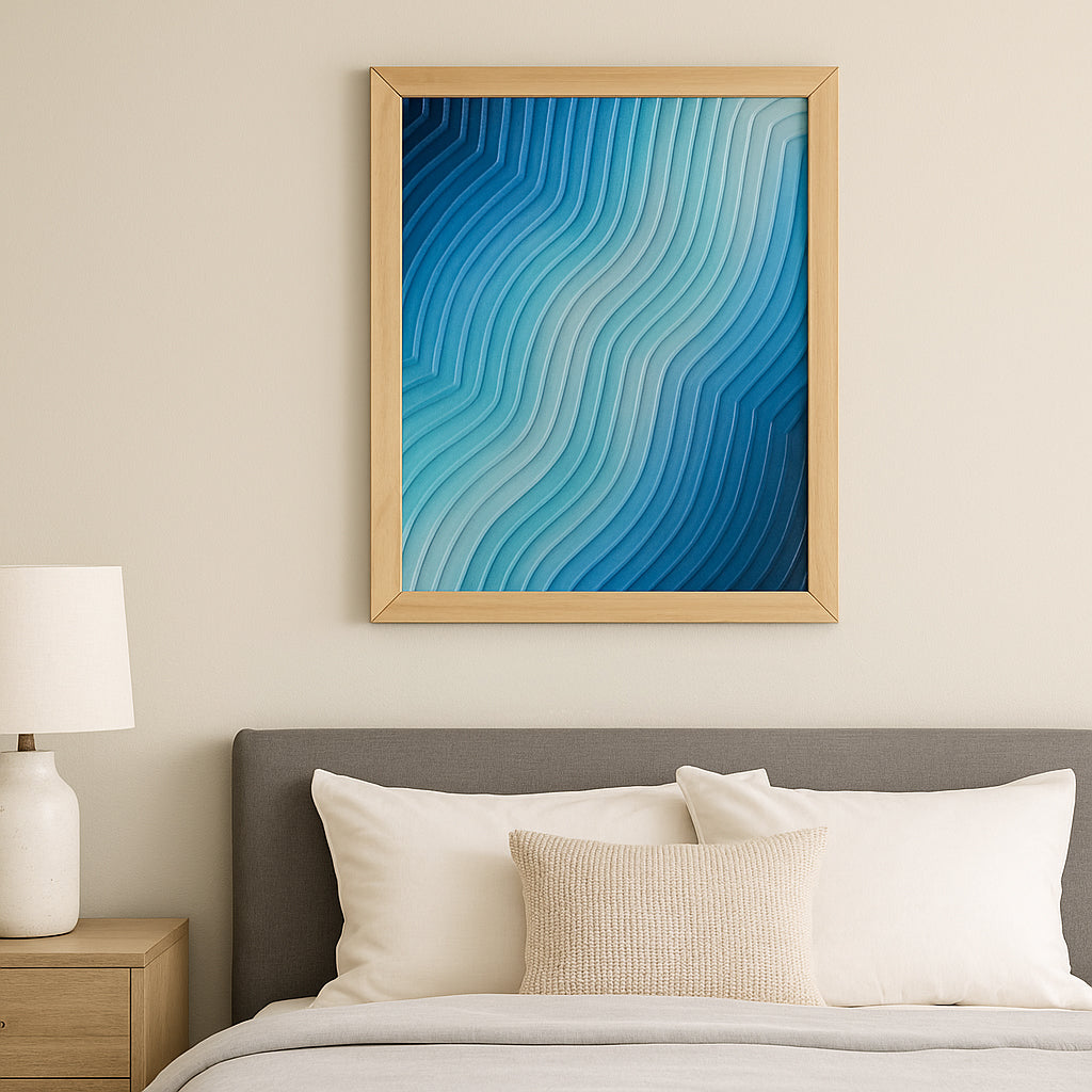 "Eventide Loop" blue wave artwork above a minimalist bed with beige bedding and wood furniture.