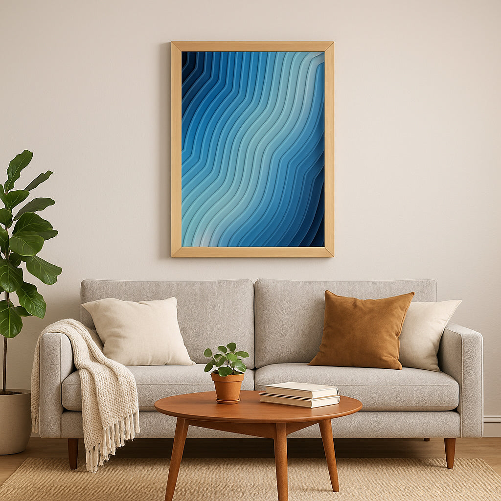 "Eventide Loop" framed wall art in a modern living room above a light gray sofa with neutral decor.