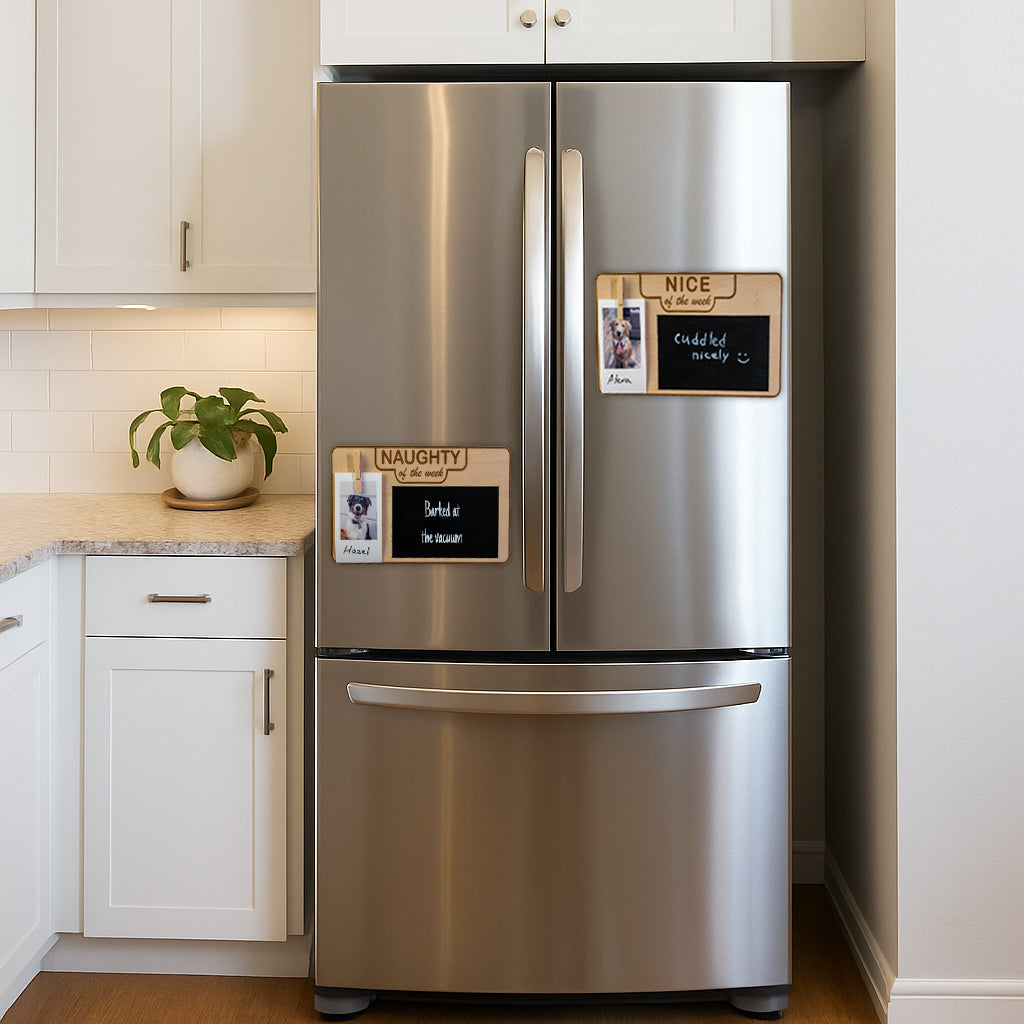 Lifestyle kitchen mockup showing magnetic dog signs on a modern stainless steel refrigerator with white cabinets.