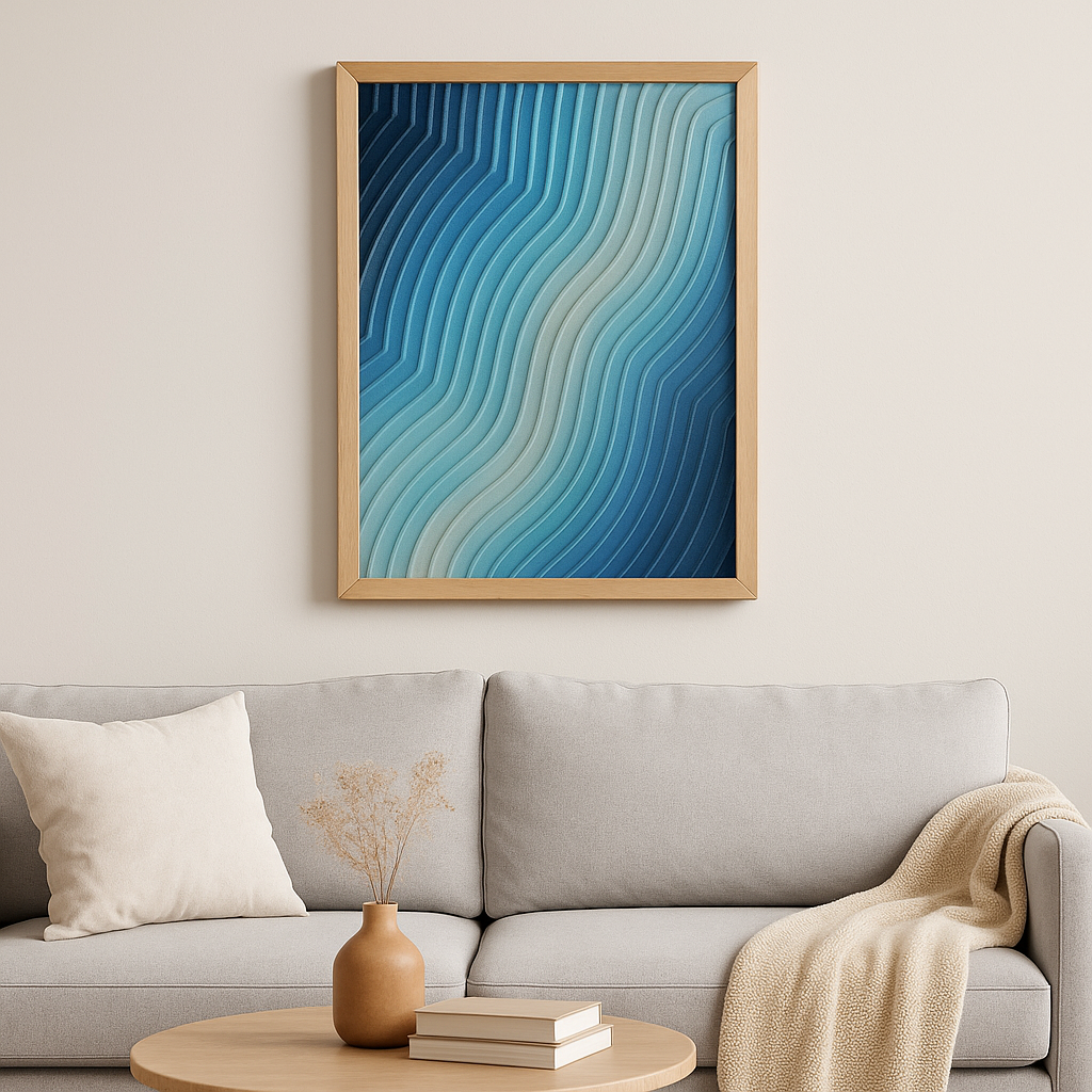 Side-angled view of "Eventide Loop" art hanging above a cozy sofa in a soft-toned modern living room.